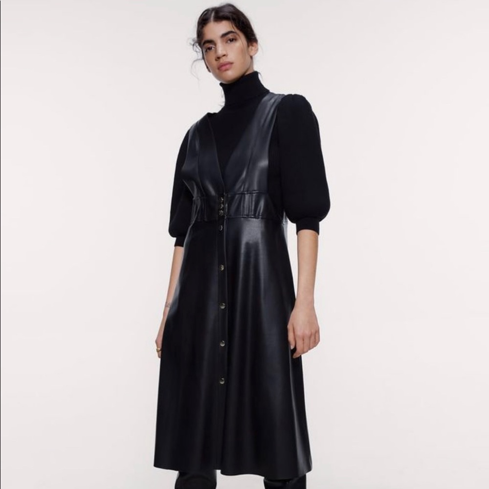 Zara Leather MIDI Pinafore dress with button